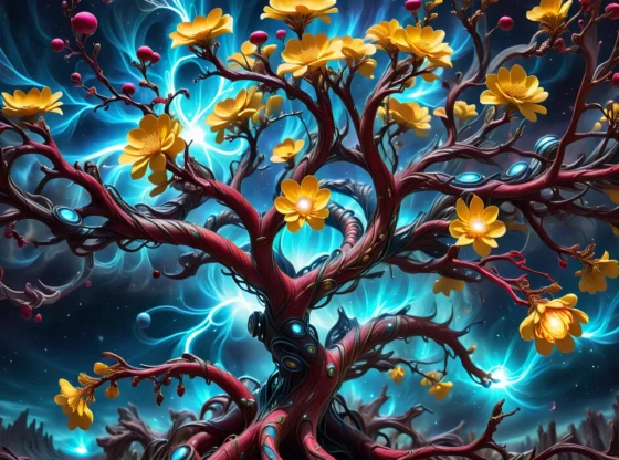 O privire de aproape a unei copac înflorit dintr-o altă lume, cu ramurile și frunzele emițând o strălucire care amintește de un reactor de fuziune, împodobit cu flori uriașe de un galben intense care aruncă descărcări electrice și o scoarță roșie profundă pe o planetă îndepărtată, austeră.